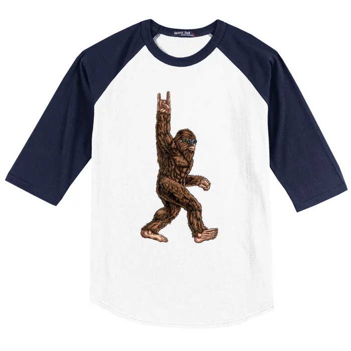 Rock On Bigfoot Sasquatch Loves Rock And Roll Sunglasses On Baseball Sleeve Shirt