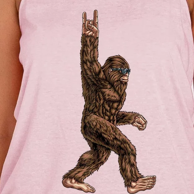 Rock On Bigfoot Sasquatch Loves Rock And Roll Sunglasses On Women's Knotted Racerback Tank