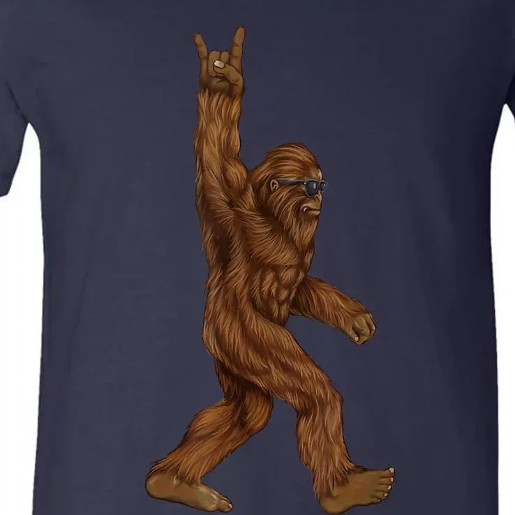 Rock On Bigfoot Sasquatch Loves Rock And Roll Sunglasses On V-Neck T-Shirt