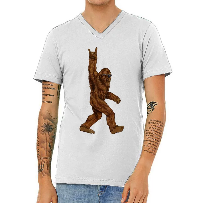 Rock On Bigfoot Sasquatch V-Neck T-Shirt