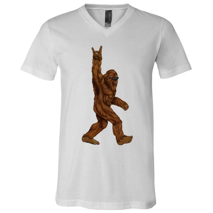 Rock On Bigfoot Sasquatch V-Neck T-Shirt