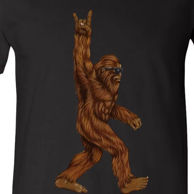 Rock On Bigfoot Sasquatch Loves Rock And Roll Sunglasses On V-Neck T-Shirt