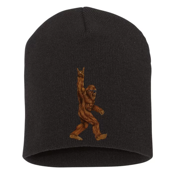 Rock On Bigfoot Sasquatch Loves Rock And Roll Sunglasses On Short Acrylic Beanie