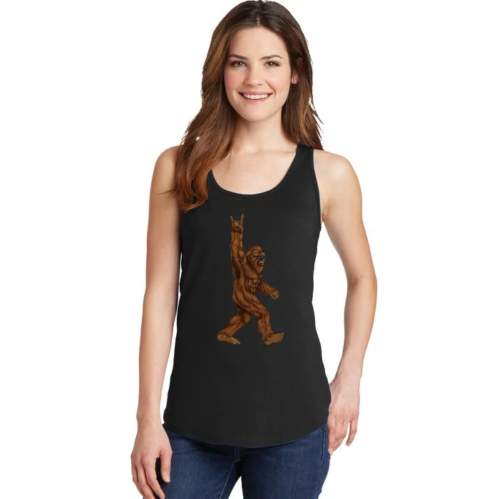 Rock On Bigfoot Sasquatch Loves Rock And Roll Sunglasses On Ladies Essential Tank