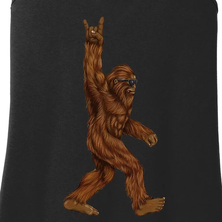 Rock On Bigfoot Sasquatch Loves Rock And Roll Sunglasses On Ladies Essential Tank