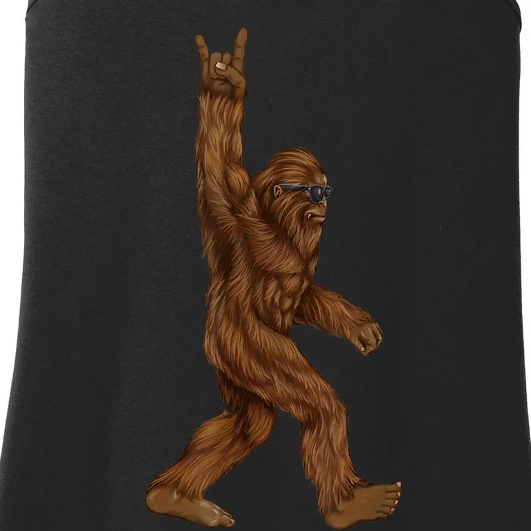 Rock On Bigfoot Sasquatch Loves Rock And Roll Sunglasses On Ladies Essential Tank