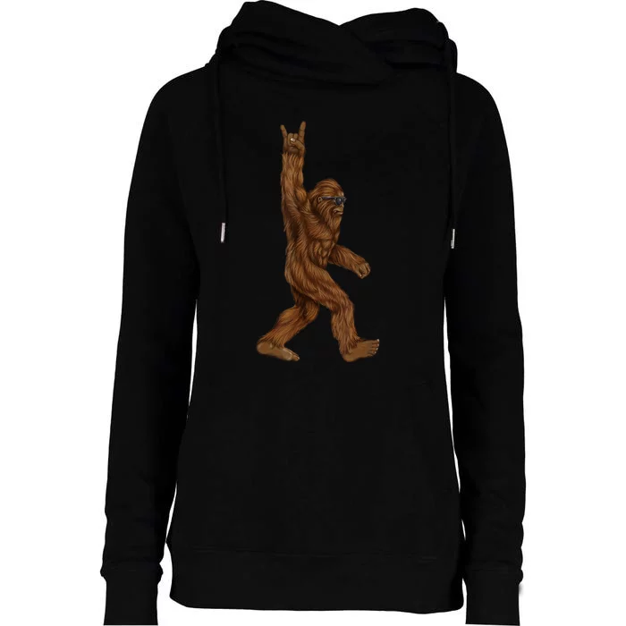 Rock On Bigfoot Sasquatch Loves Rock And Roll Sunglasses On Womens Funnel Neck Pullover Hood