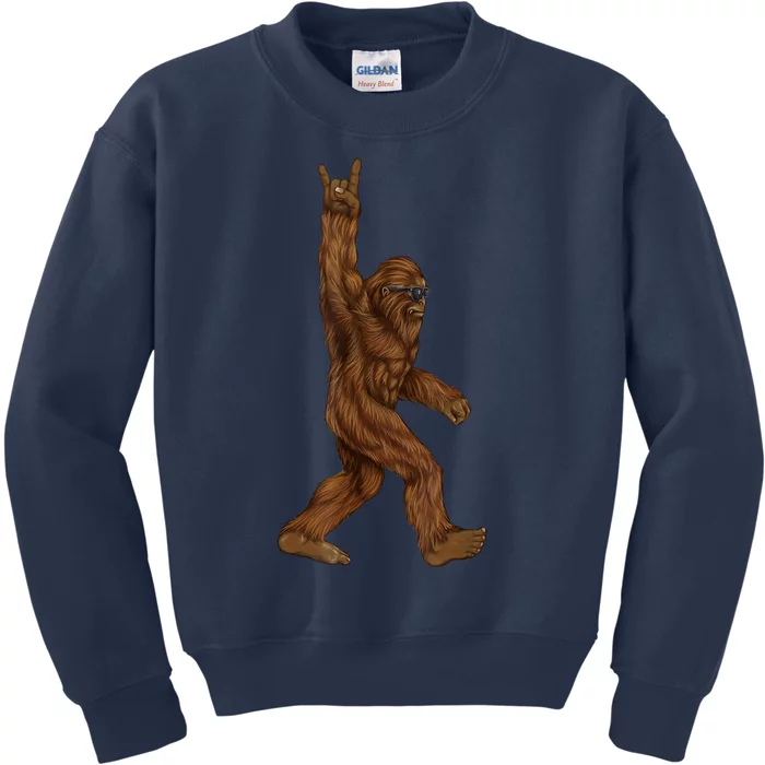 Rock On Bigfoot Sasquatch Loves Rock And Roll Sunglasses On Kids Sweatshirt