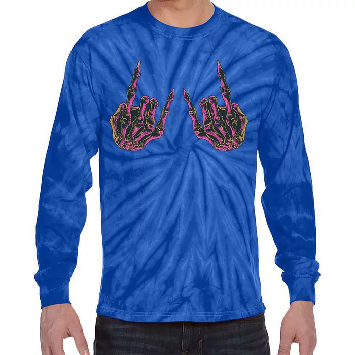 Rock On Band Rock And Roll Skeleton Hands Graphic Tie-Dye Long Sleeve Shirt