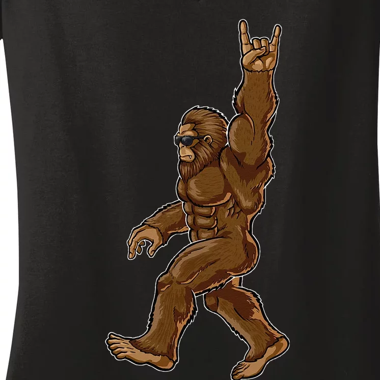 Rock On Bigfoot Sasquatch Loves Rock And Roll Sunglasses On Women's V-Neck T-Shirt