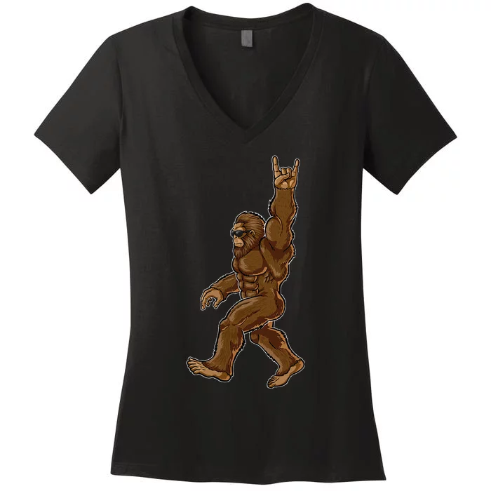 Rock On Bigfoot Sasquatch Loves Rock And Roll Sunglasses On Women's V-Neck T-Shirt