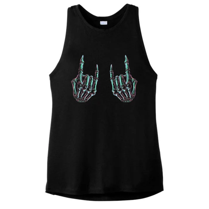 Rock On Band Rock And Roll Halloween Skeleton Hands Ladies Tri-Blend Wicking Tank