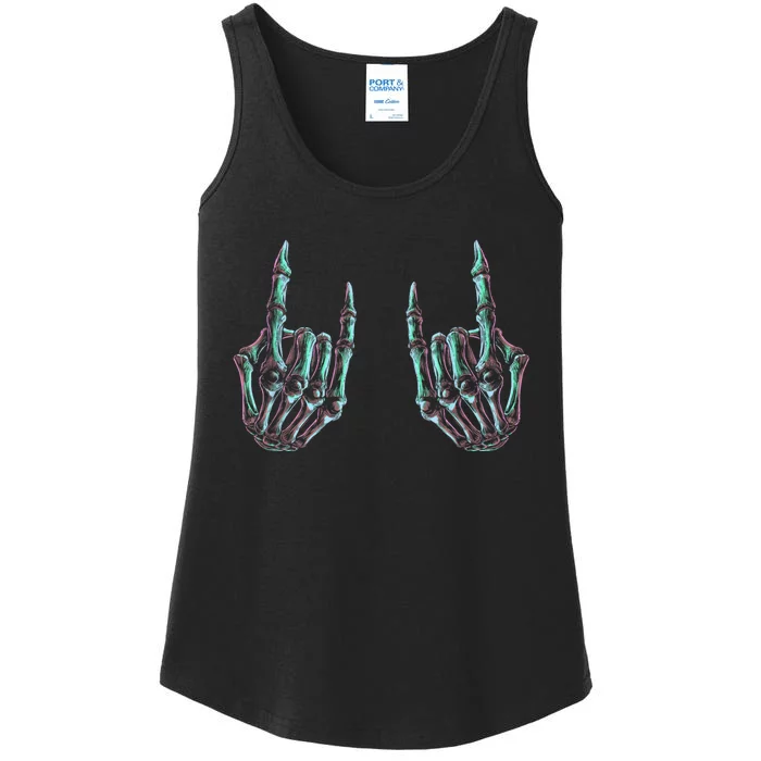 Rock On Band Rock And Roll Halloween Skeleton Hands Ladies Essential Tank