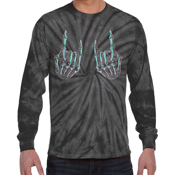 Rock On Band Rock And Roll Halloween Skeleton Hands Tie-Dye Long Sleeve Shirt