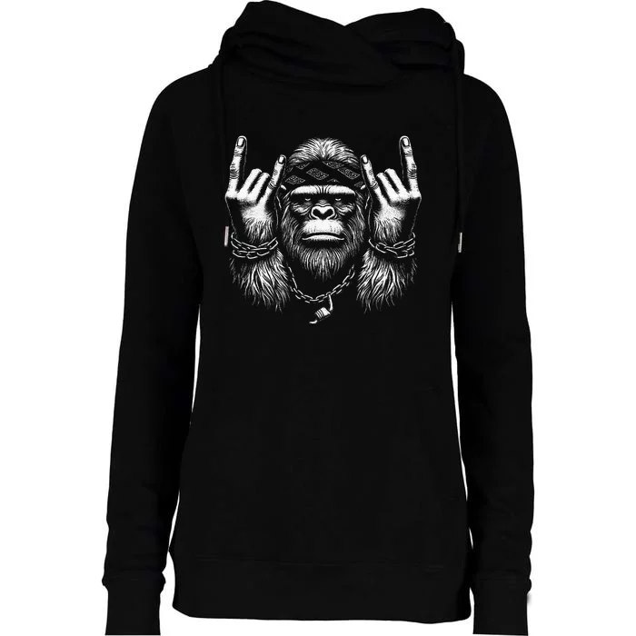 Rock On Bigfoot Sasquatch Rock And Roll Rock Music Band Womens Funnel Neck Pullover Hood