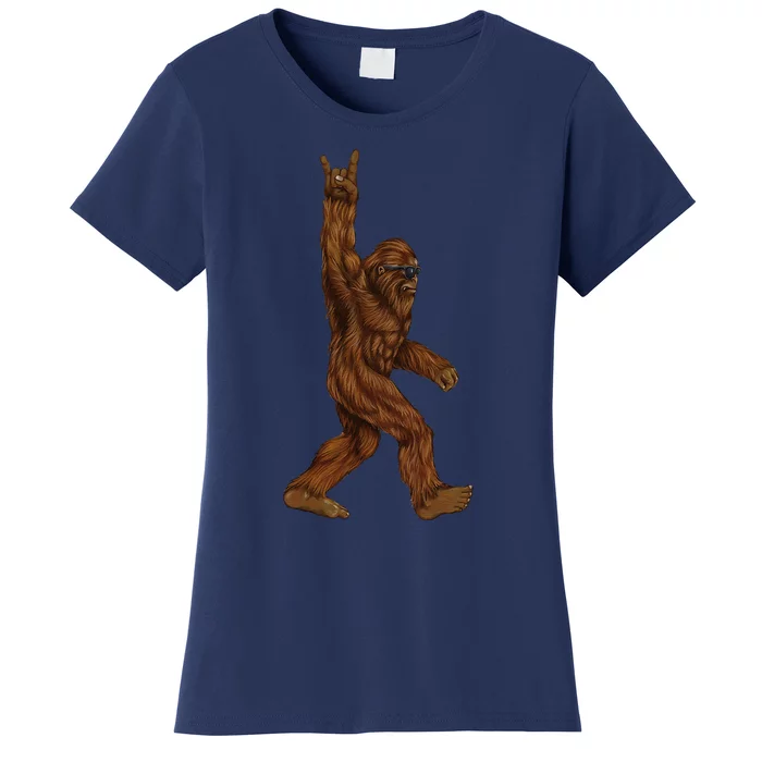 Rock On Bigfoot Sasquatch Loves Rock And Roll Sunglasses On Women's T-Shirt