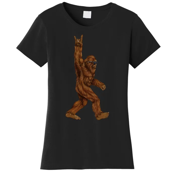 Rock On Bigfoot Sasquatch Loves Rock And Roll Sunglasses On Women's T-Shirt