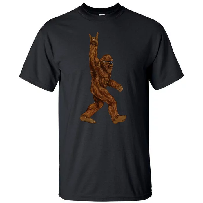 Rock On Bigfoot Sasquatch Loves Rock And Roll Sunglasses On Tall T-Shirt