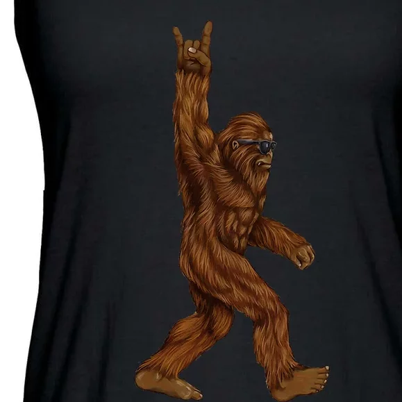 Rock On Bigfoot Sasquatch Loves Rock And Roll Sunglasses On Ladies Essential Flowy Tank