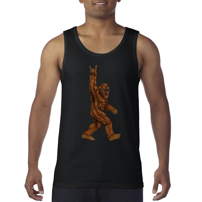 Rock On Bigfoot Sasquatch Loves Rock And Roll Sunglasses On Tank Top