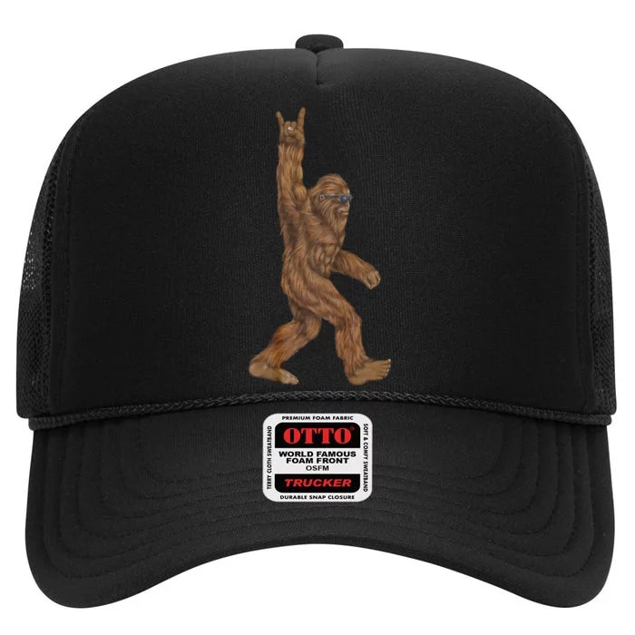 Rock On Bigfoot Sasquatch Loves Rock And Roll High Crown Mesh Trucker Hat