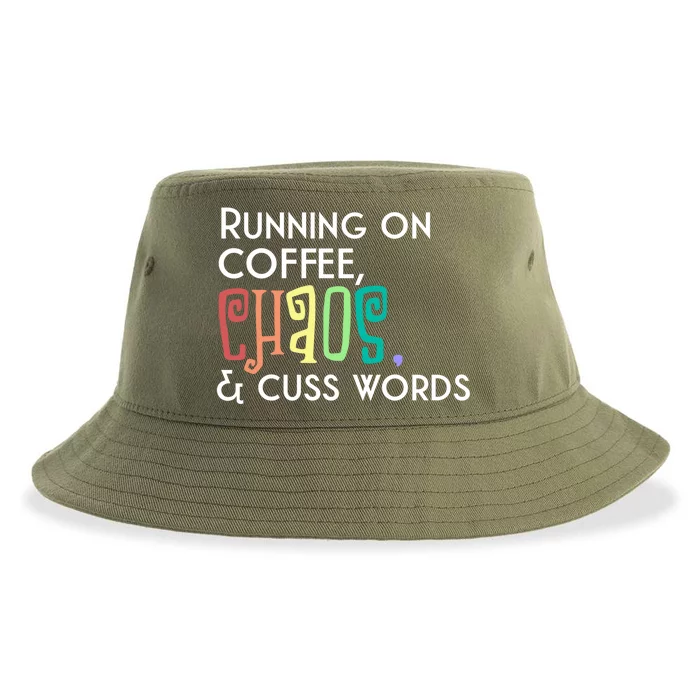 Running On Coffee Chaos Cuss Words Funny Mom Teacher Meaningful Gift Sustainable Bucket Hat