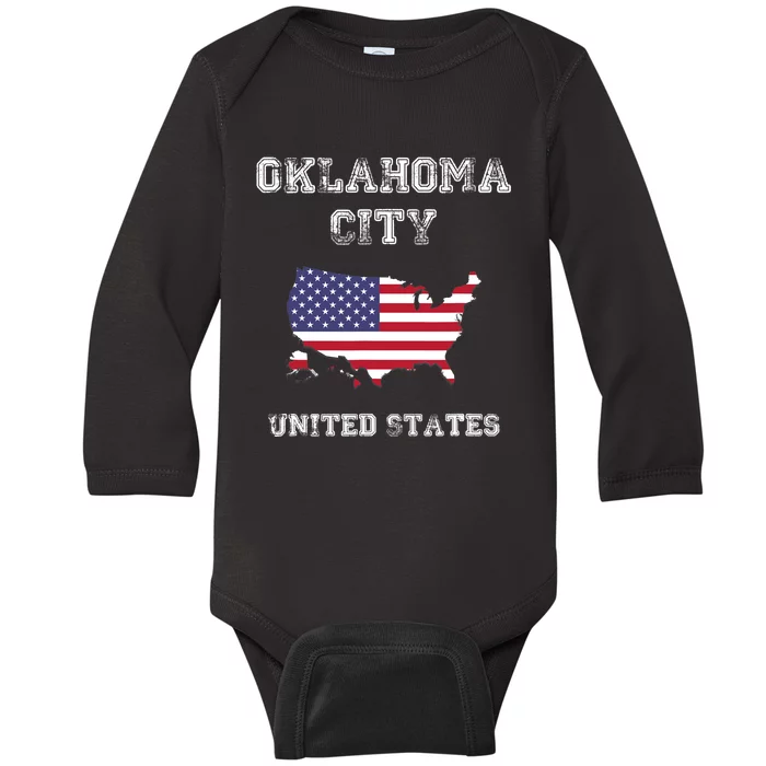 Retro Oklahoma City United States Distressed USA Flag Baby Long Sleeve Bodysuit