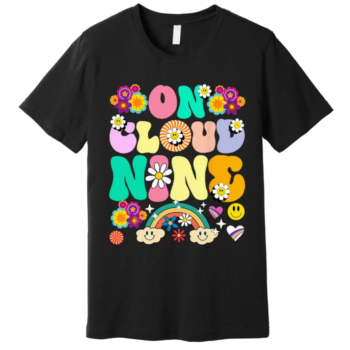 Retro On Cloud Nine Flower Happy 9th Birthday 9 Years Old Premium T-Shirt