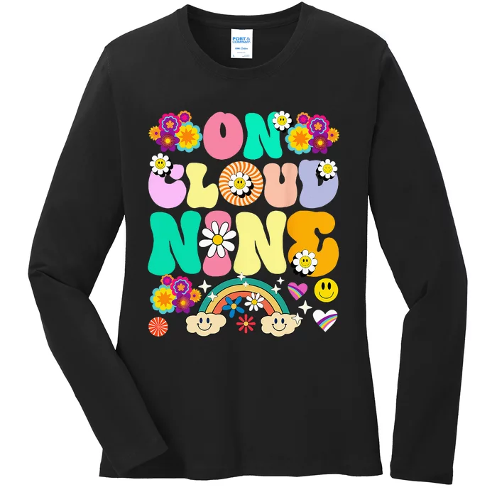 Retro On Cloud Nine Flower Happy 9th Birthday 9 Years Old Ladies Long Sleeve Shirt