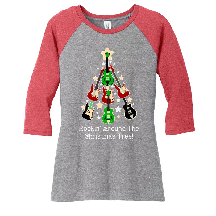 Rockin' Around the Christmas Tree Funny Guitar Women's Tri-Blend 3/4-Sleeve Raglan Shirt