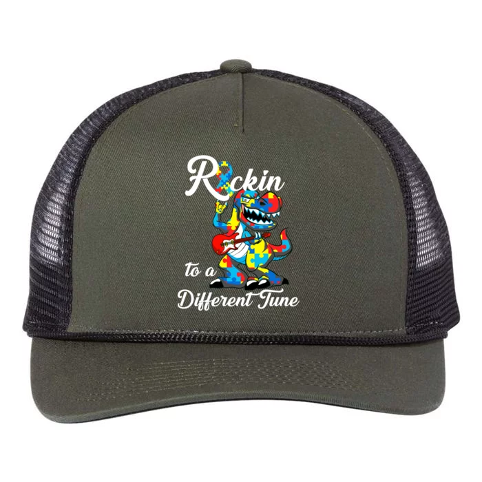 Rockin To A Different Tune Autism Dinosaur Retro Rope Trucker Hat Cap