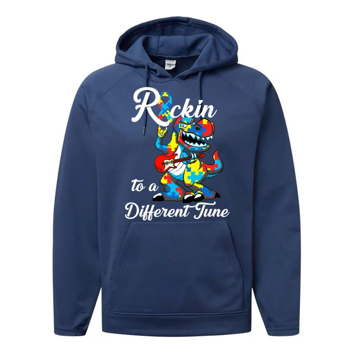 Rockin To A Different Tune Autism Dinosaur Performance Fleece Hoodie