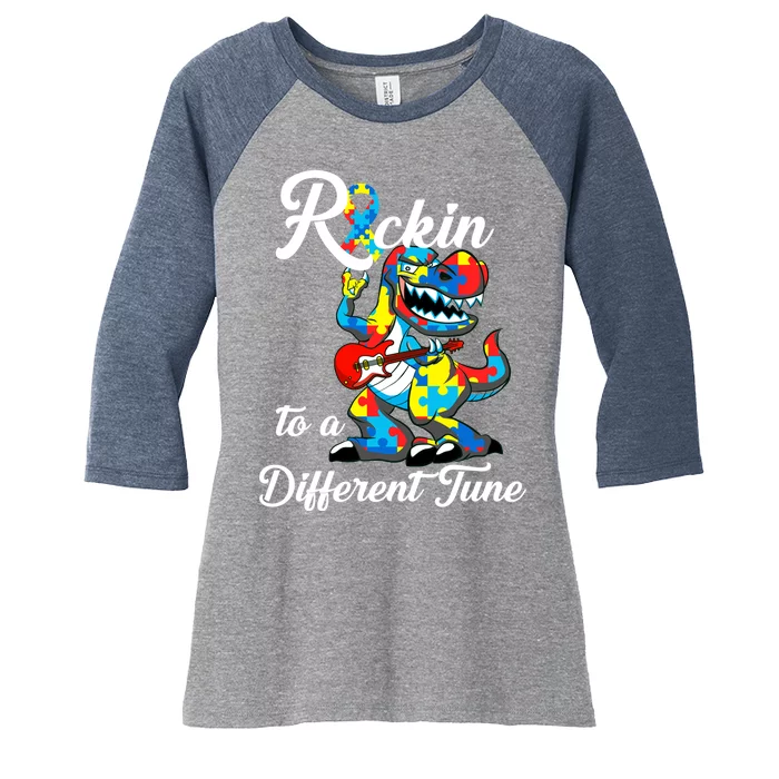 Rockin To A Different Tune Autism Dinosaur Women's Tri-Blend 3/4-Sleeve Raglan Shirt