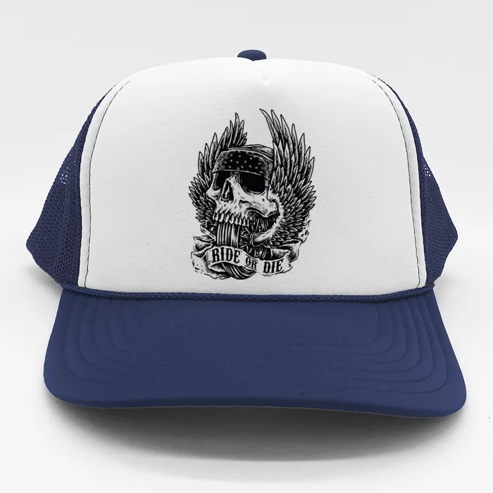 Ride Or Die Biker Skull And Winged Wheel Trucker Hat