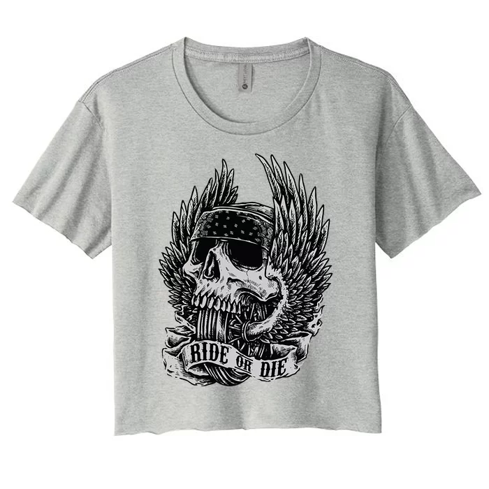 Ride Or Die Biker Skull And Winged Wheel Women's Crop Top Tee