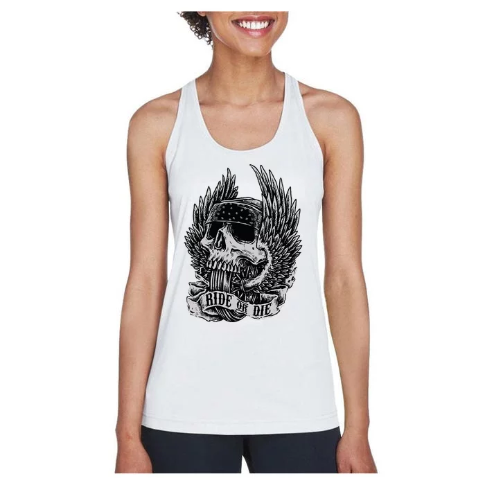 Ride Or Die Biker Skull And Winged Wheel Women's Racerback Tank