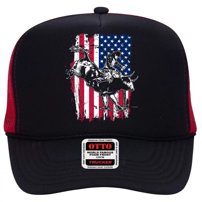 Rodeo Bull Rider American Flag High Crown Mesh Trucker Hat