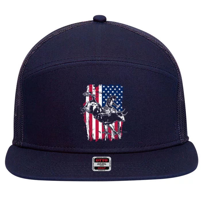 Rodeo Bull Rider American Flag 7 Panel Mesh Trucker Snapback Hat