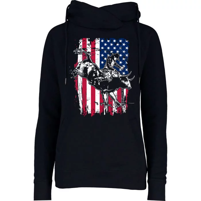 Rodeo Bull Rider American Flag Womens Funnel Neck Pullover Hood