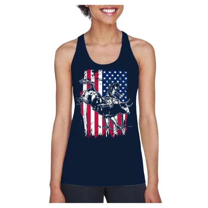 Rodeo Bull Rider American Flag Women's Racerback Tank