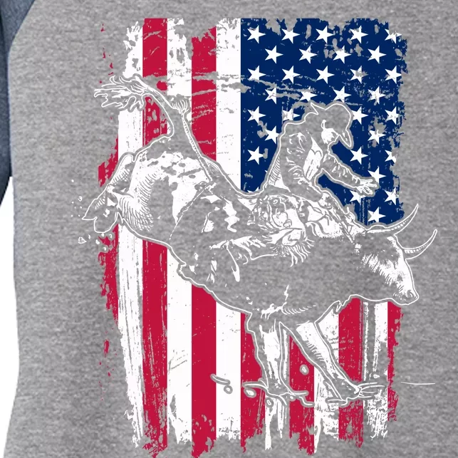 Rodeo Bull Rider American Flag Women's Tri-Blend 3/4-Sleeve Raglan Shirt