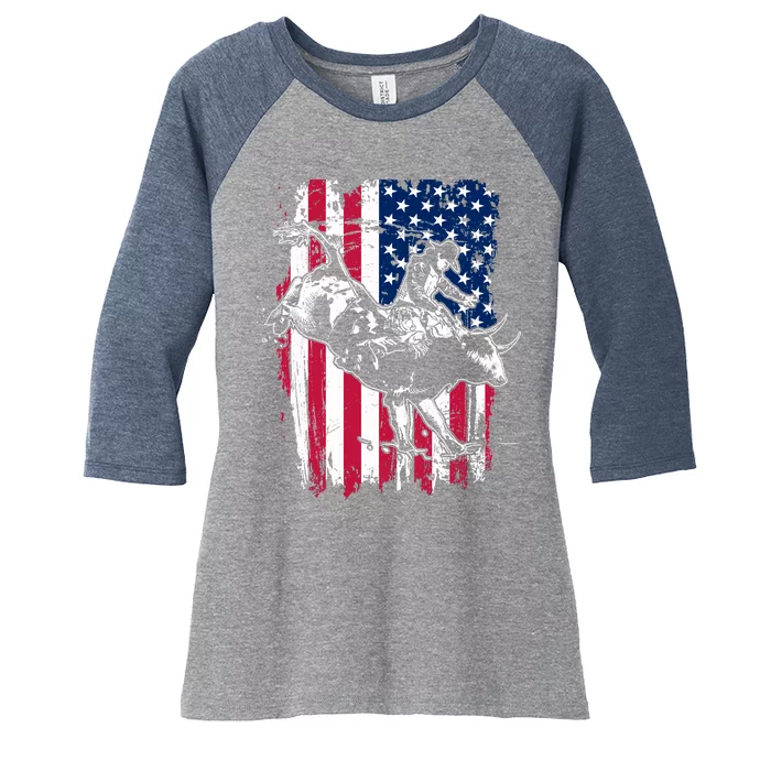 Rodeo Bull Rider American Flag Women's Tri-Blend 3/4-Sleeve Raglan Shirt