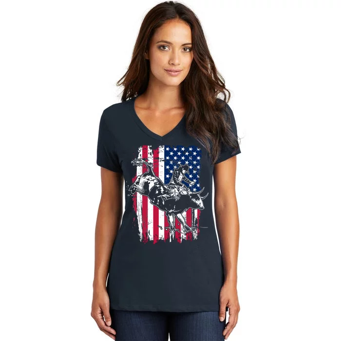 Rodeo Bull Rider American Flag Women's V-Neck T-Shirt