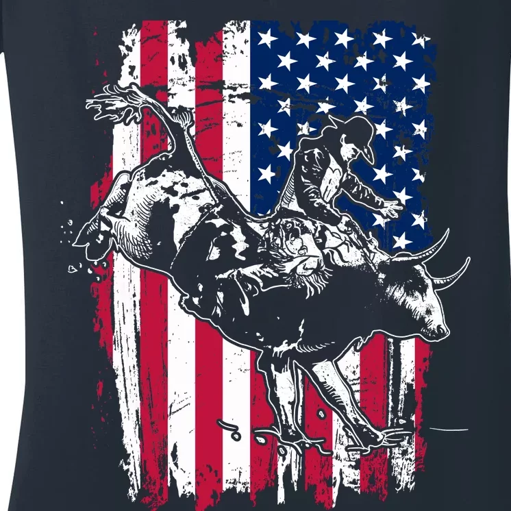 Rodeo Bull Rider American Flag Women's V-Neck T-Shirt