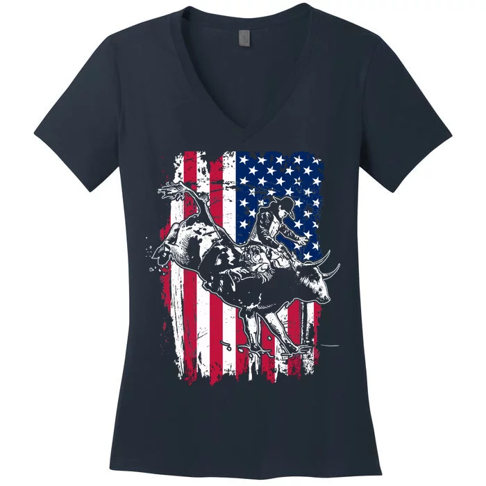 Rodeo Bull Rider American Flag Women's V-Neck T-Shirt