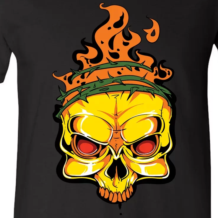 Rage Of Fire Faming Skull Creepy Skeleton V-Neck T-Shirt