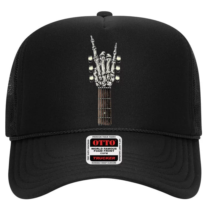 Rock On Guitar Neck With A Sweet Rock & Roll Skeleton Hand High Crown Mesh Trucker Hat