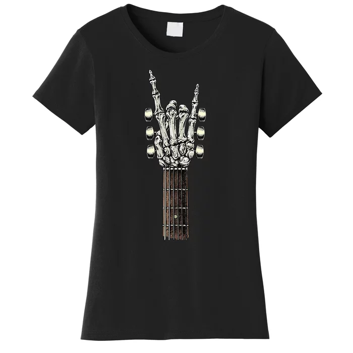 Rock On Guitar Neck With A Sweet Rock & Roll Skeleton Hand Women's T-Shirt