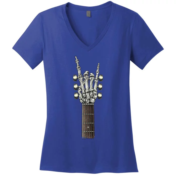 Rock On Guitar Neck Skeleton Hand Sign Rock And Roll Band Meaningful Gift Women's V-Neck T-Shirt