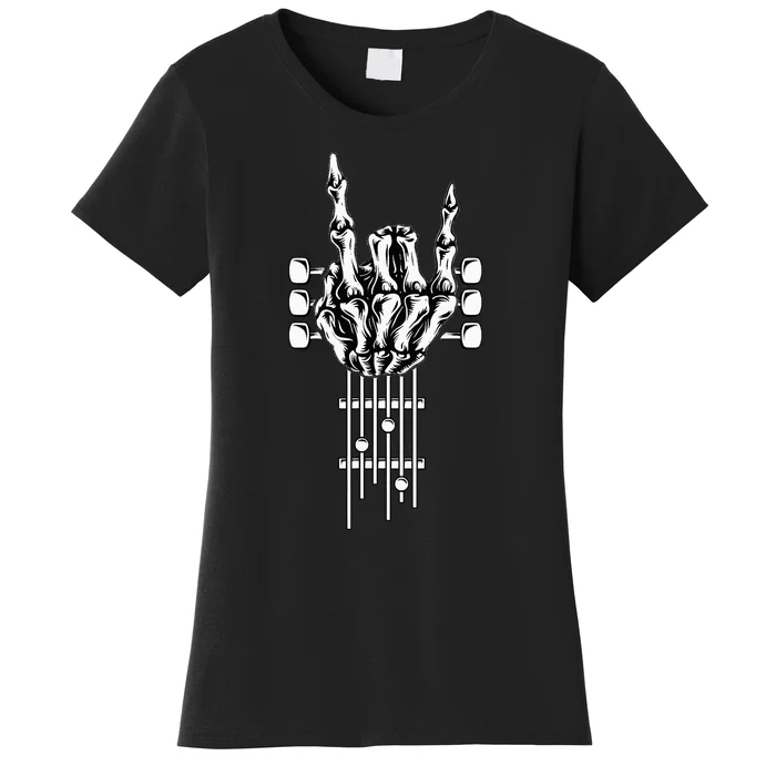 Rock On Guitar Neck With A Sweet Rock & Roll Skeleton Hand Women's T-Shirt